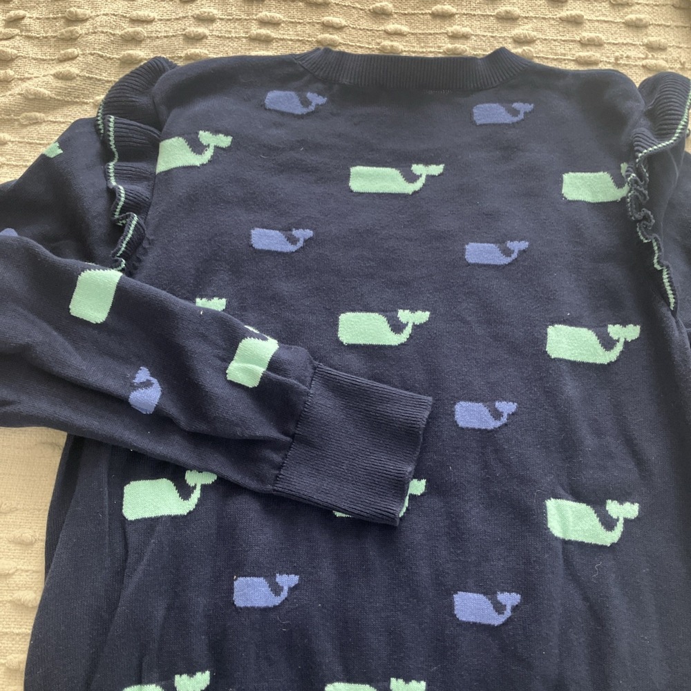 Vineyard Vines Sz M Womens Sweater Pullover Navy Multi Whale Print Cotton Ruffle - Picture 6 of 8